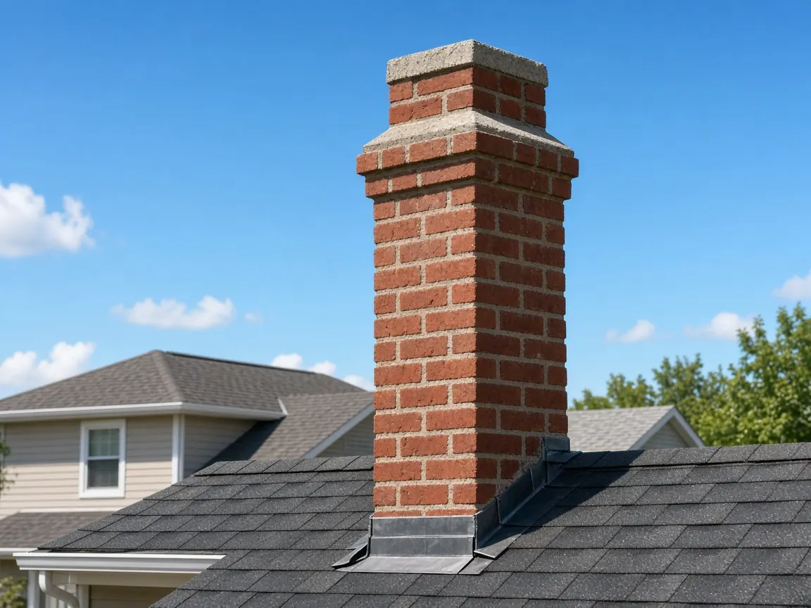 Brick chimney on a residential roof