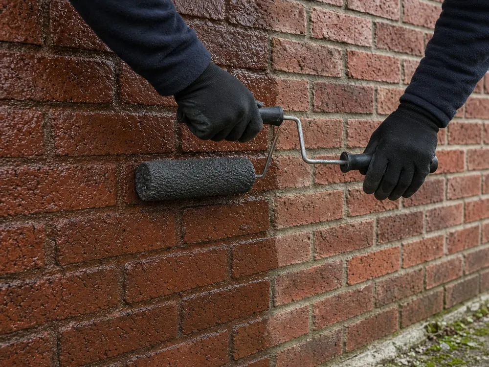 Roller applying masonry sealer to a red brick exterior wall