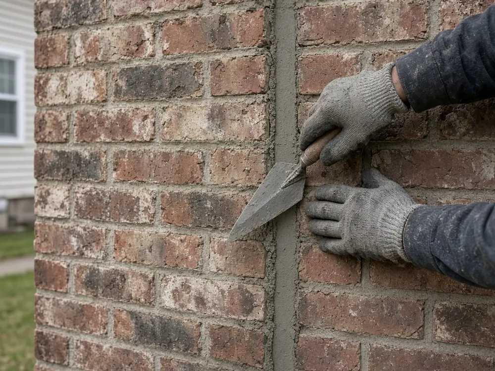 Gloved hands tooling mortar into a brick wall joint with a trowel