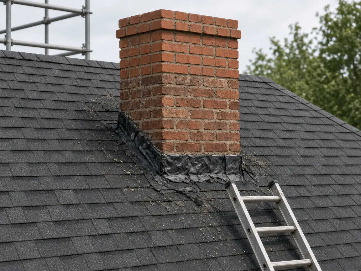 Residential brick chimney on a shingled roof during masonry repair