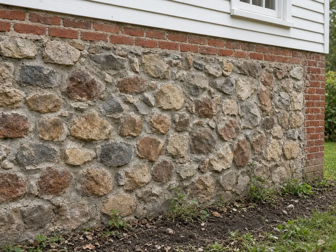 Fieldstone foundation wall with brick courses below house siding