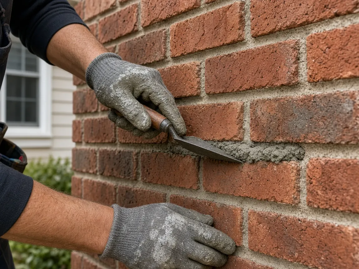 Mason repointing mortar joints on a brick wall