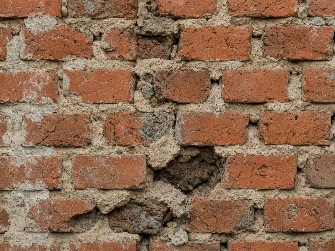 Weathered crumbling mortar joints on a brick wall